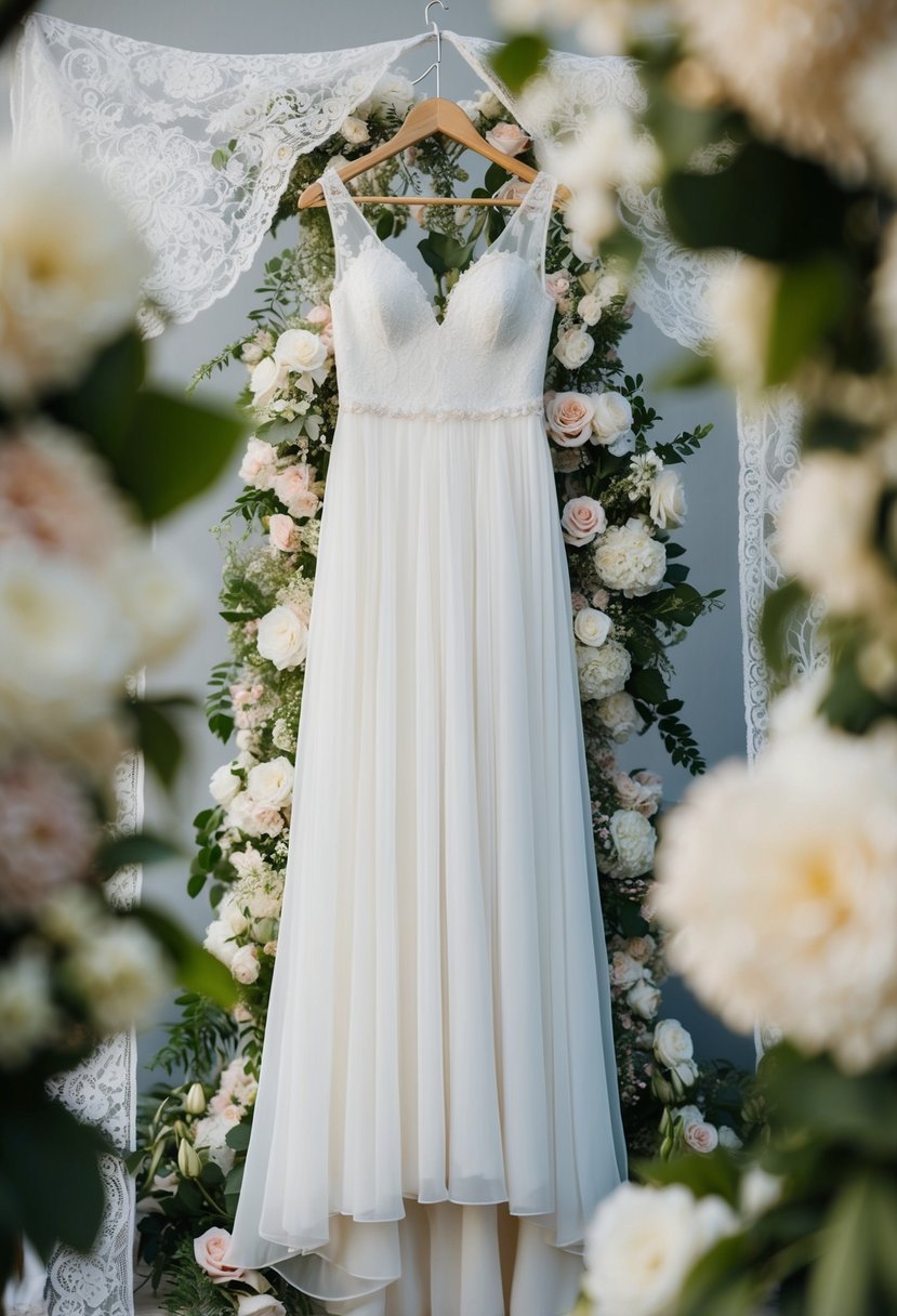 A flowing chiffon wedding dress on a hanger, surrounded by delicate lace and floral details