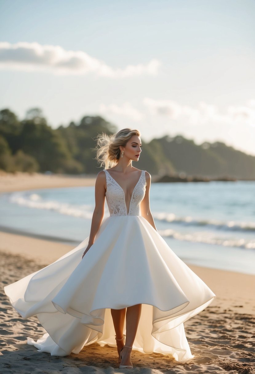 A bride stands on a sunlit beach, her flowing knee-length wedding dress billowing in the breeze, the deep V-neck adding drama to the scene