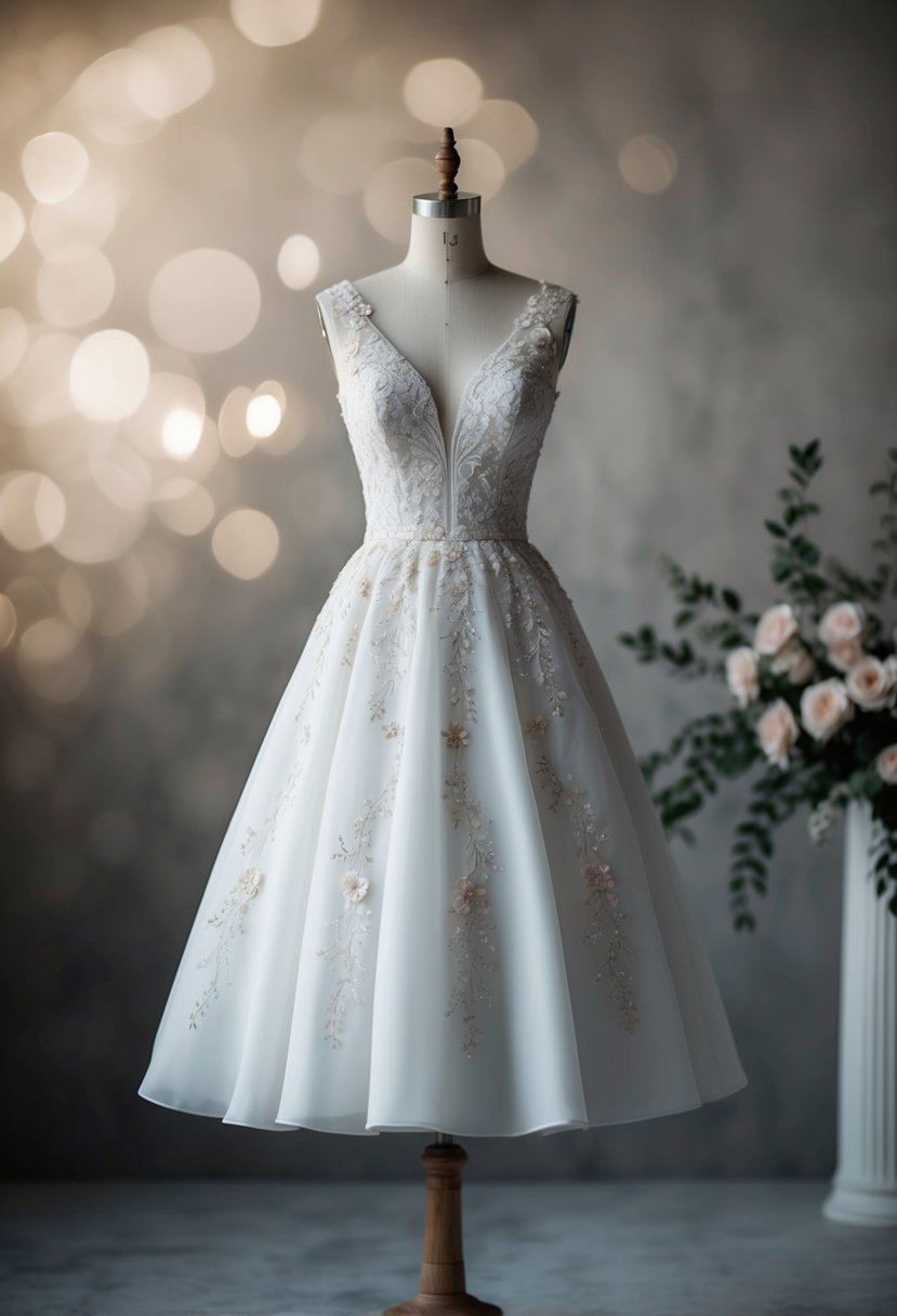 An A-line knee length wedding dress with delicate floral embroidery cascading down the skirt and bodice, creating a romantic and elegant look