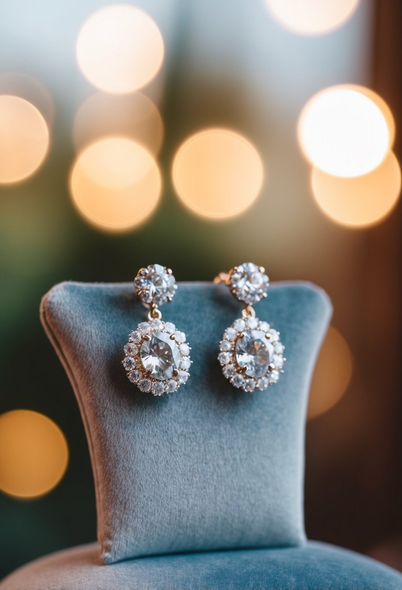 A pair of elegant round wedding earrings displayed on a velvet cushion