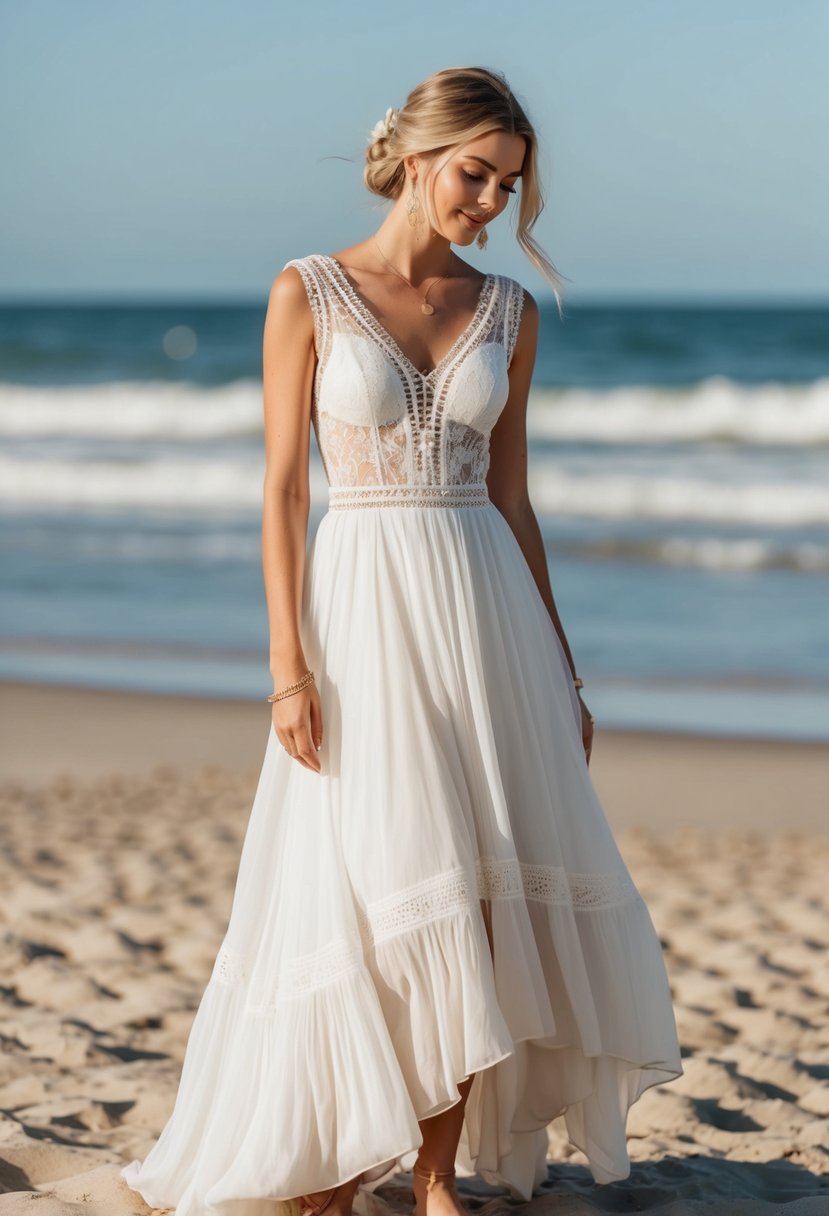 A beach wedding dress with flowy, knee-length skirt, lace details, and a relaxed, bohemian vibe. Sand and ocean in the background