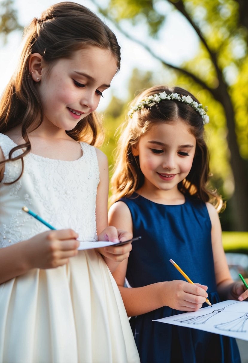 Two young girls sketching wedding dress ideas on a sunny afternoon