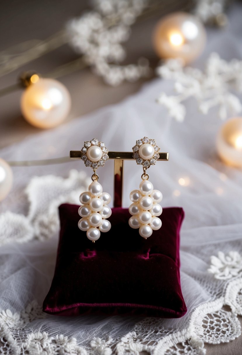 A pair of pearl cluster drop earrings displayed on a velvet cushion, surrounded by soft lighting and delicate lace