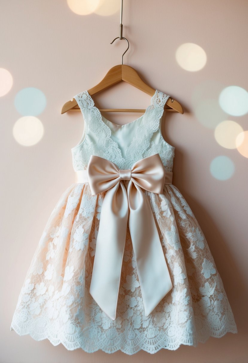 A floral lace dress with a large bow displayed on a hanger against a soft, pastel background