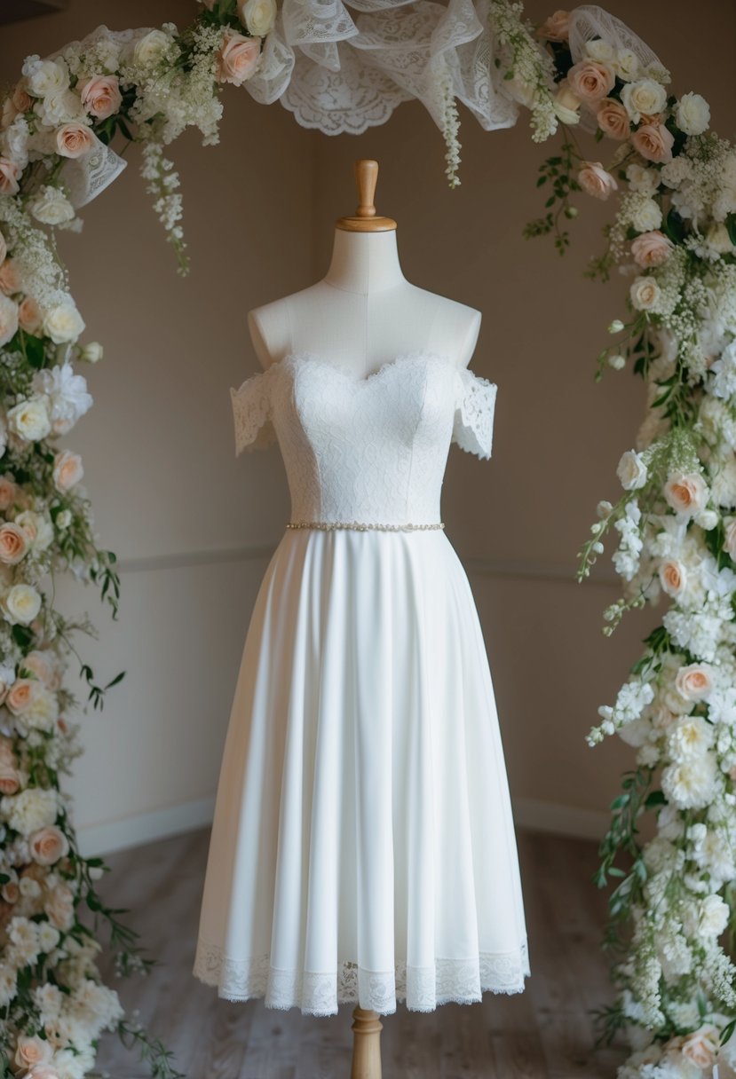 An off-shoulder knee-length wedding dress on a mannequin, surrounded by delicate lace and floral details