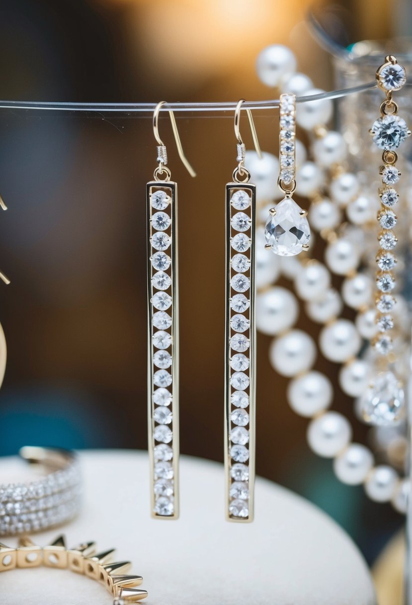 A pair of crystal linear drop earrings hanging from a display, surrounded by other wedding jewelry and accessories