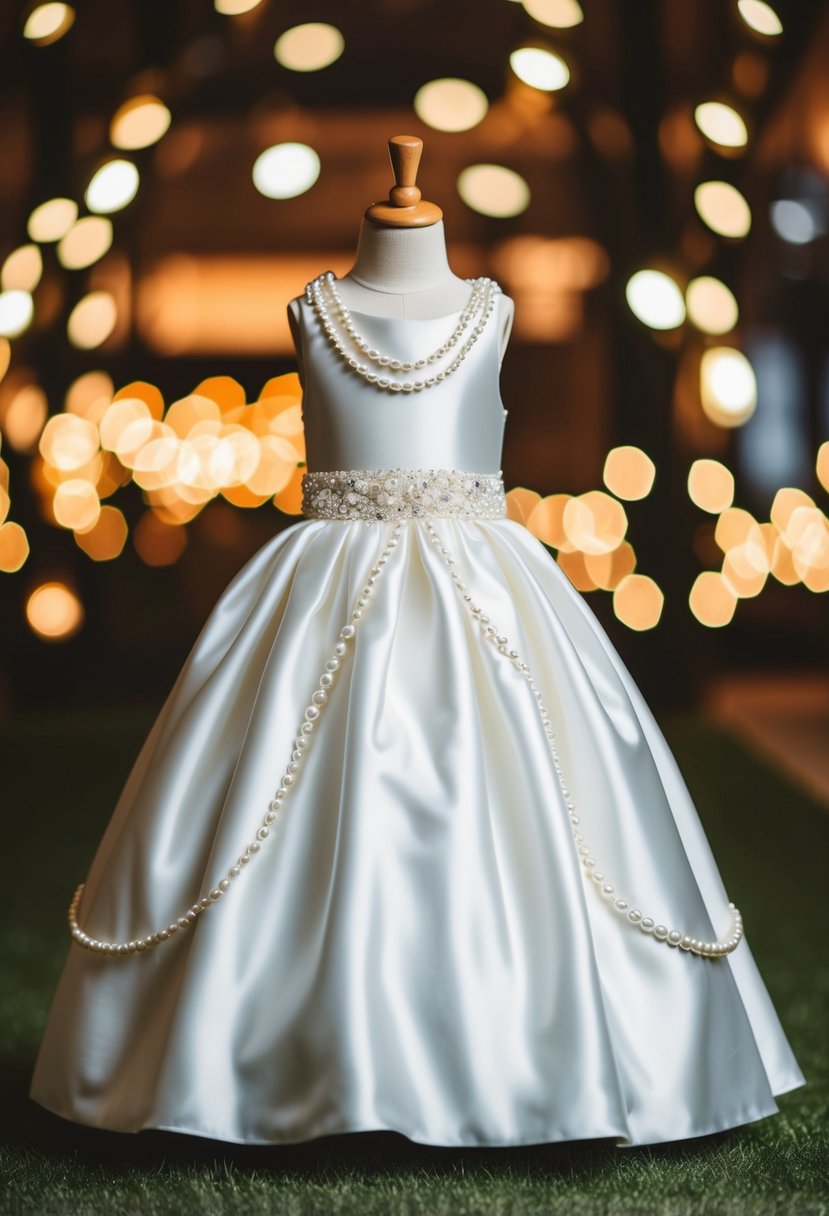 A white satin gown adorned with pearls, designed for girls aged 7-8, perfect for a wedding