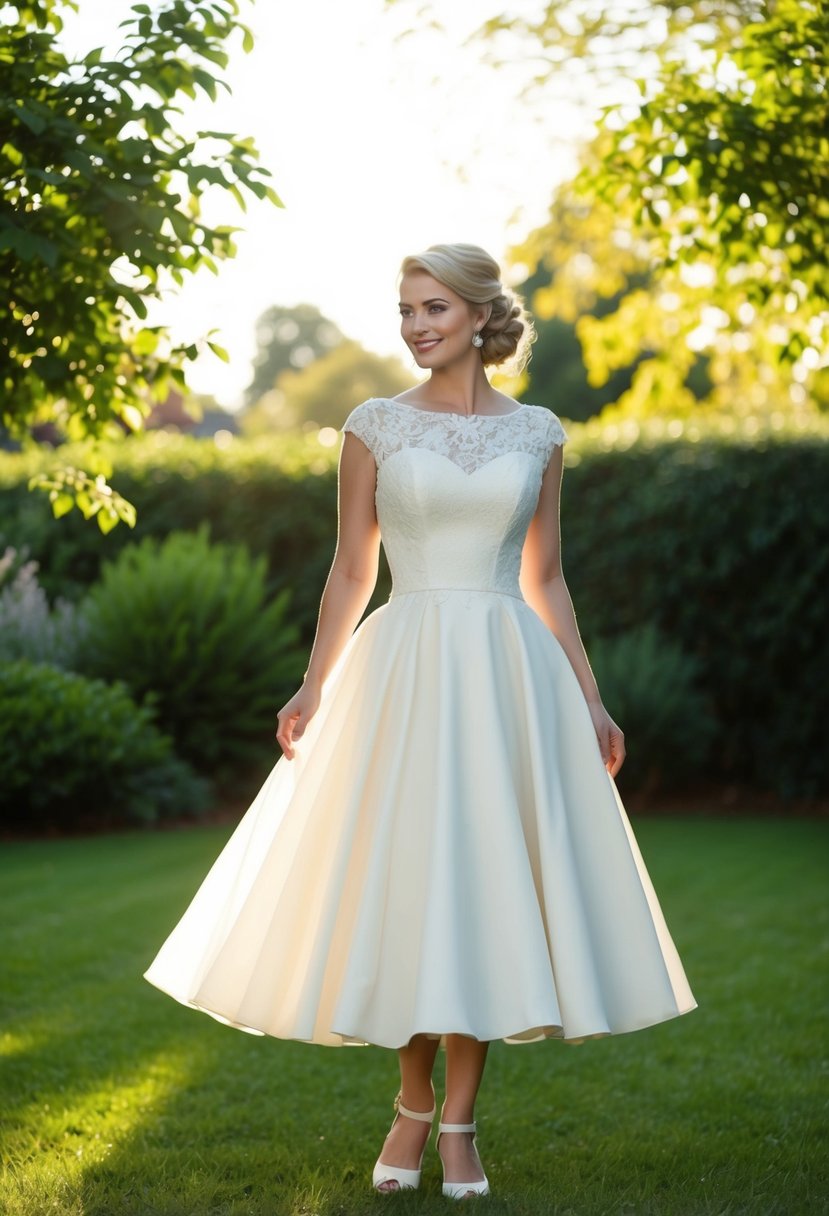 A bride stands in a garden, wearing a knee-length, retro-inspired flare wedding dress with delicate lace detailing and a flowing skirt. Sunlight filters through the trees, casting a warm glow over the scene