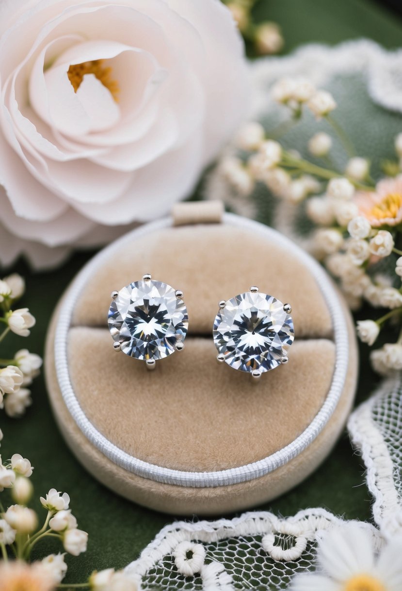 A pair of sparkling sterling silver round CZ earrings displayed on a velvet cushion, surrounded by delicate lace and floral accents