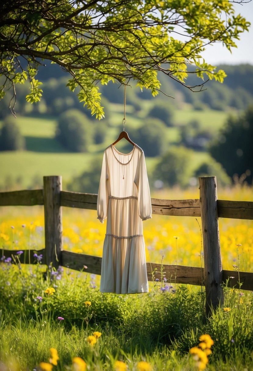 A sunlit meadow with wildflowers, a rustic wooden fence, and a simple, flowing country-style frock hanging from a tree branch