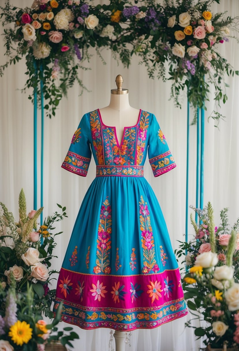 A colorful, flowy shift dress adorned with intricate embroidery, surrounded by whimsical wedding decor and floral arrangements