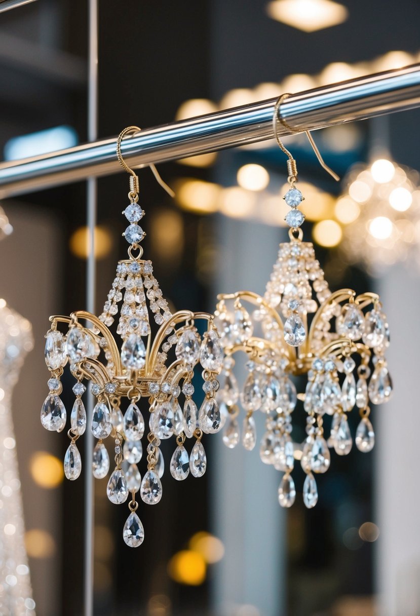 A chandelier bridal earring dangles elegantly from a display, catching the light and reflecting its intricate design