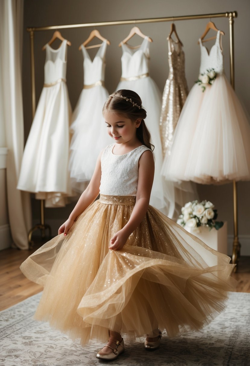 A young girl twirls in a shimmering gold tulle skirt, surrounded by wedding dress ideas