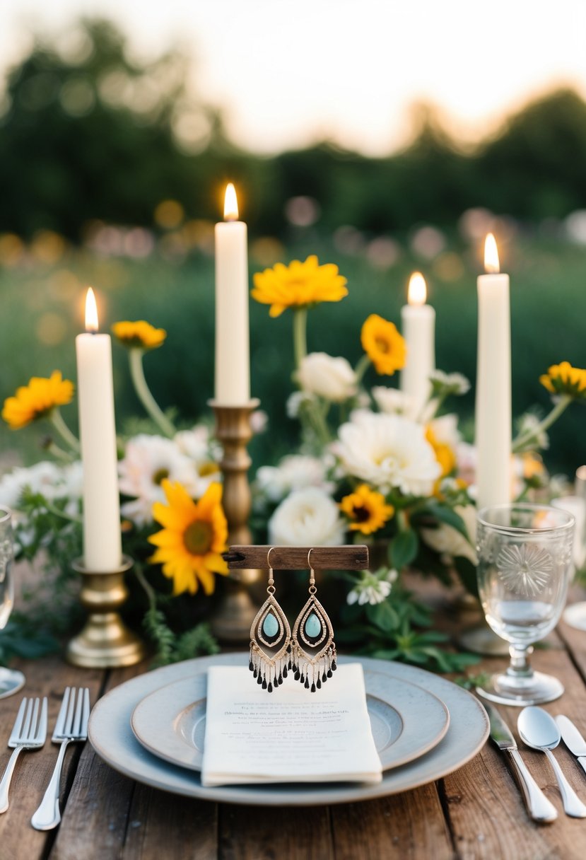 A rustic outdoor wedding setting with a wooden table adorned with bohemian-inspired drop earrings. Wildflowers and candles add to the romantic atmosphere