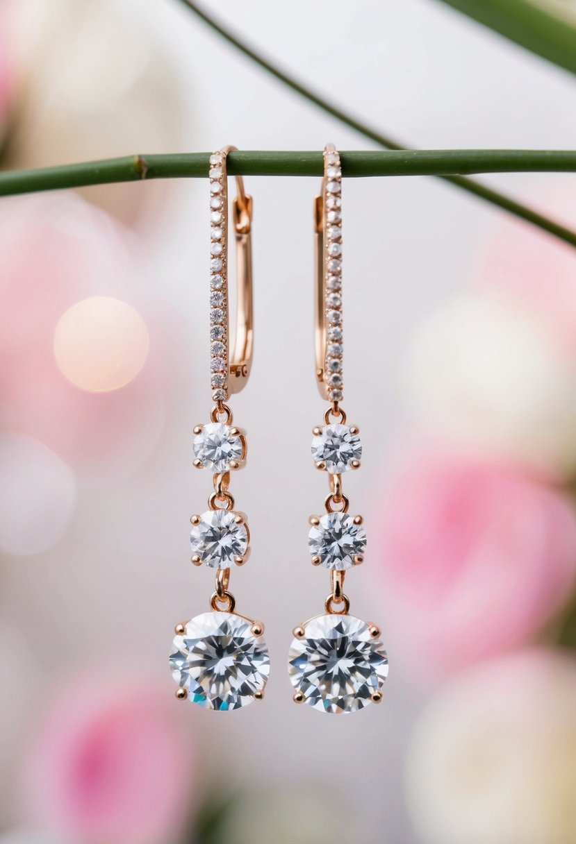 A pair of long, dangle diamond earrings hanging against a soft, romantic wedding backdrop