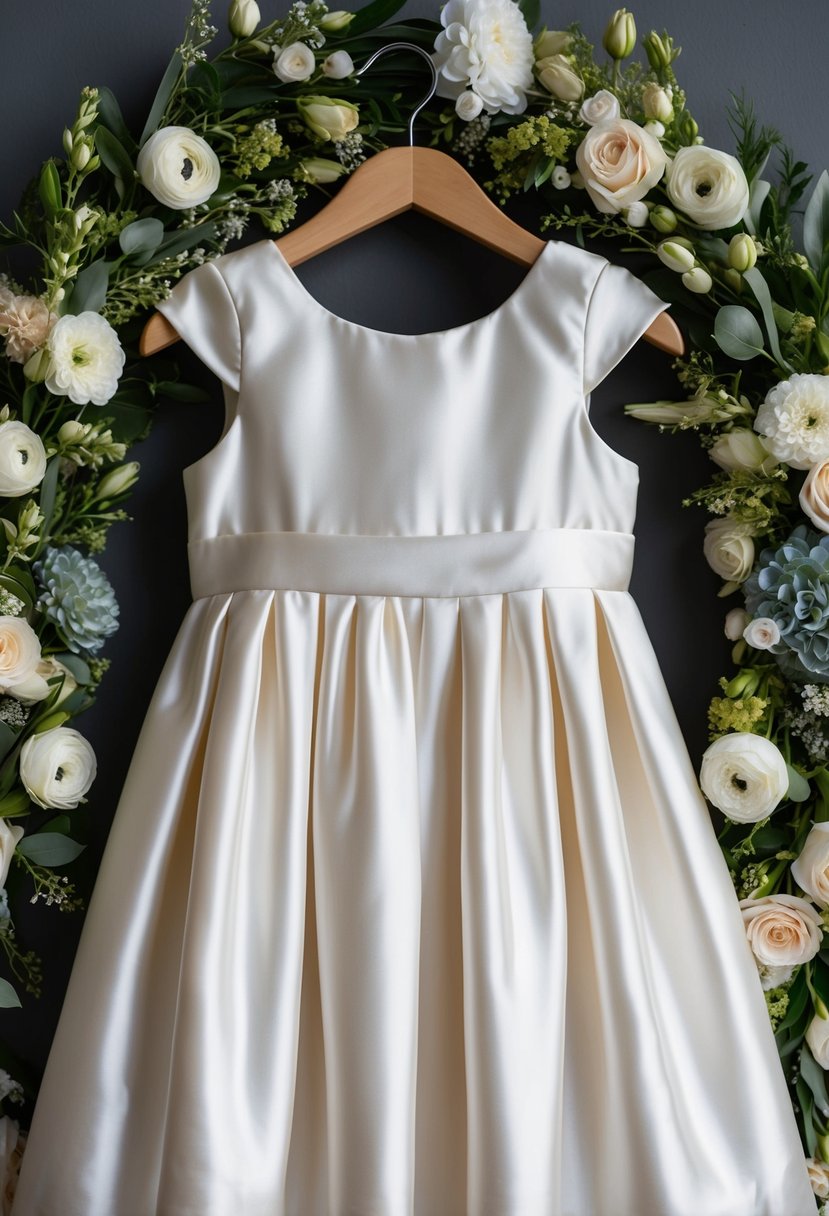 A silk dress with cap sleeves hangs on a hanger, surrounded by wedding decor and floral arrangements, suggesting ideas for a girls' 7-8 wedding dress