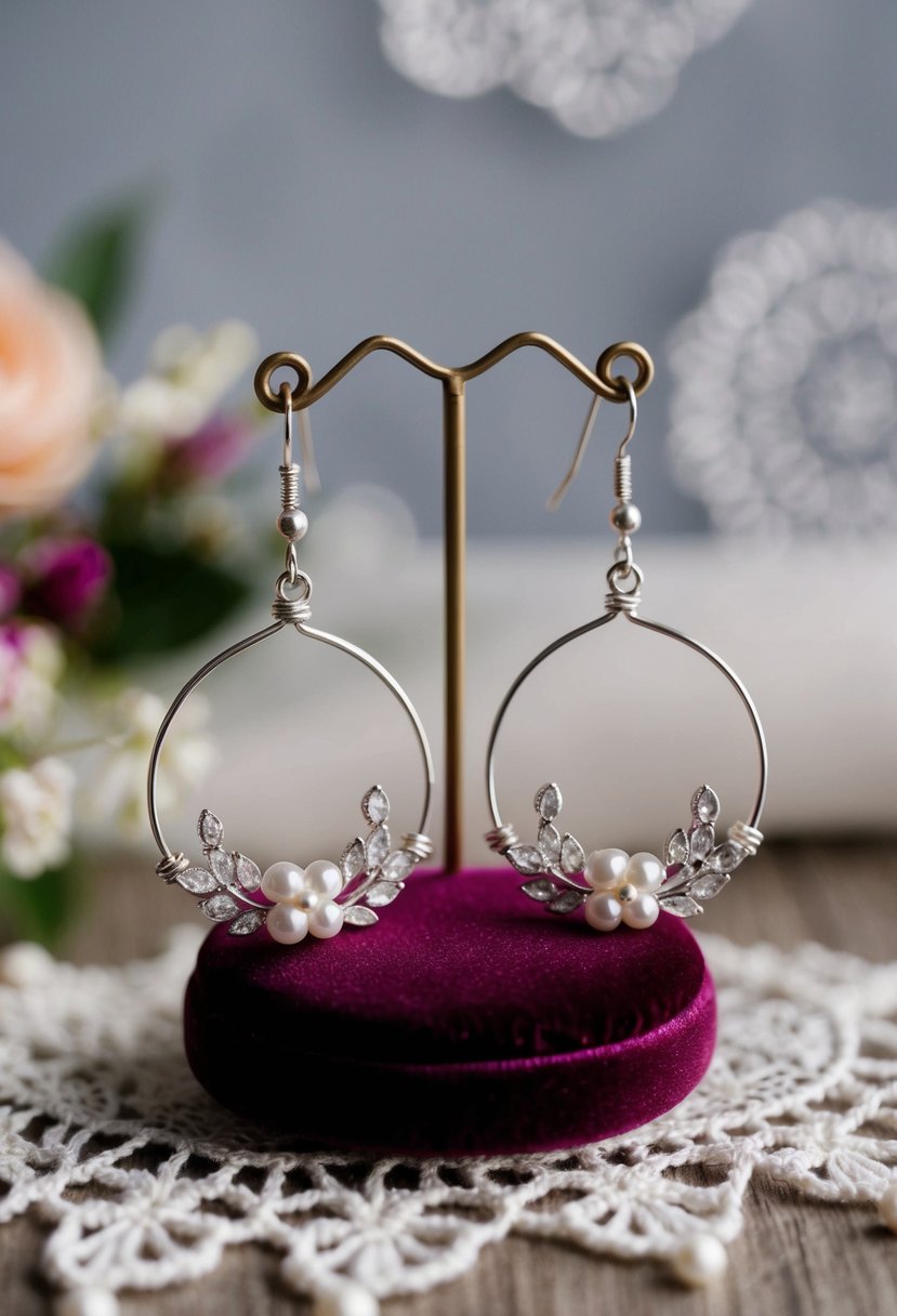 A pair of round bridal ear wire earrings displayed on a velvet cushion with delicate lace and floral details in the background