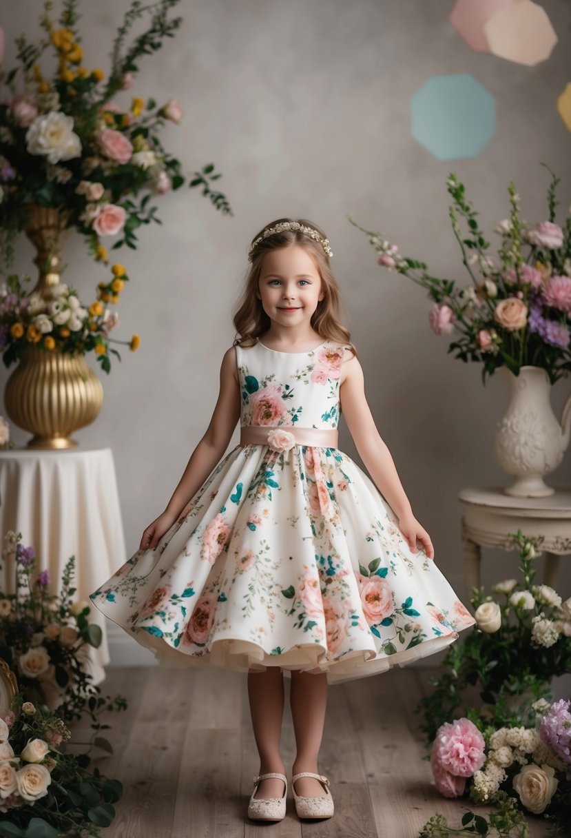 A young girl twirls in a floral tea-length dress, surrounded by vintage decor and blooming flowers, capturing the essence of a 7-8 year old's wedding dress inspiration