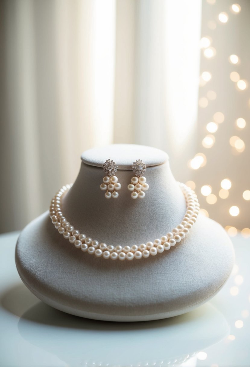 A delicate pearl bridal jewelry set displayed on a velvet cushion against a soft, white background, catching the light and casting a subtle glow