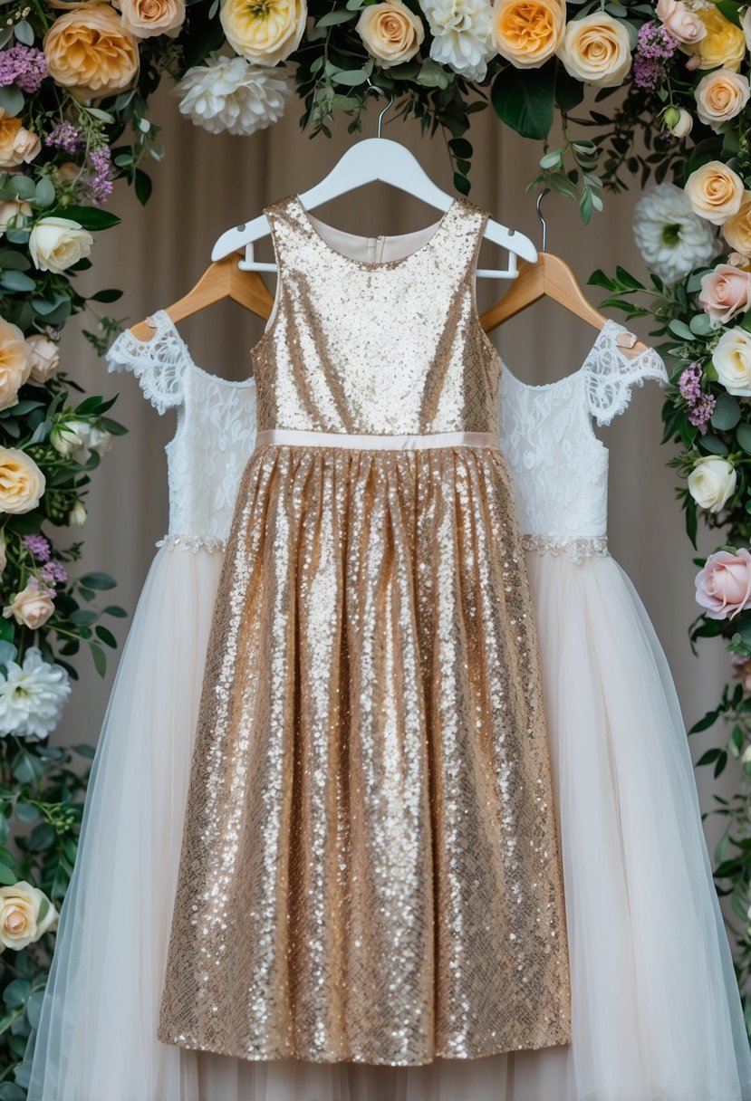 A sparkling champagne sequin dress hangs on a hanger, surrounded by floral and lace wedding dress ideas for girls aged 7-8