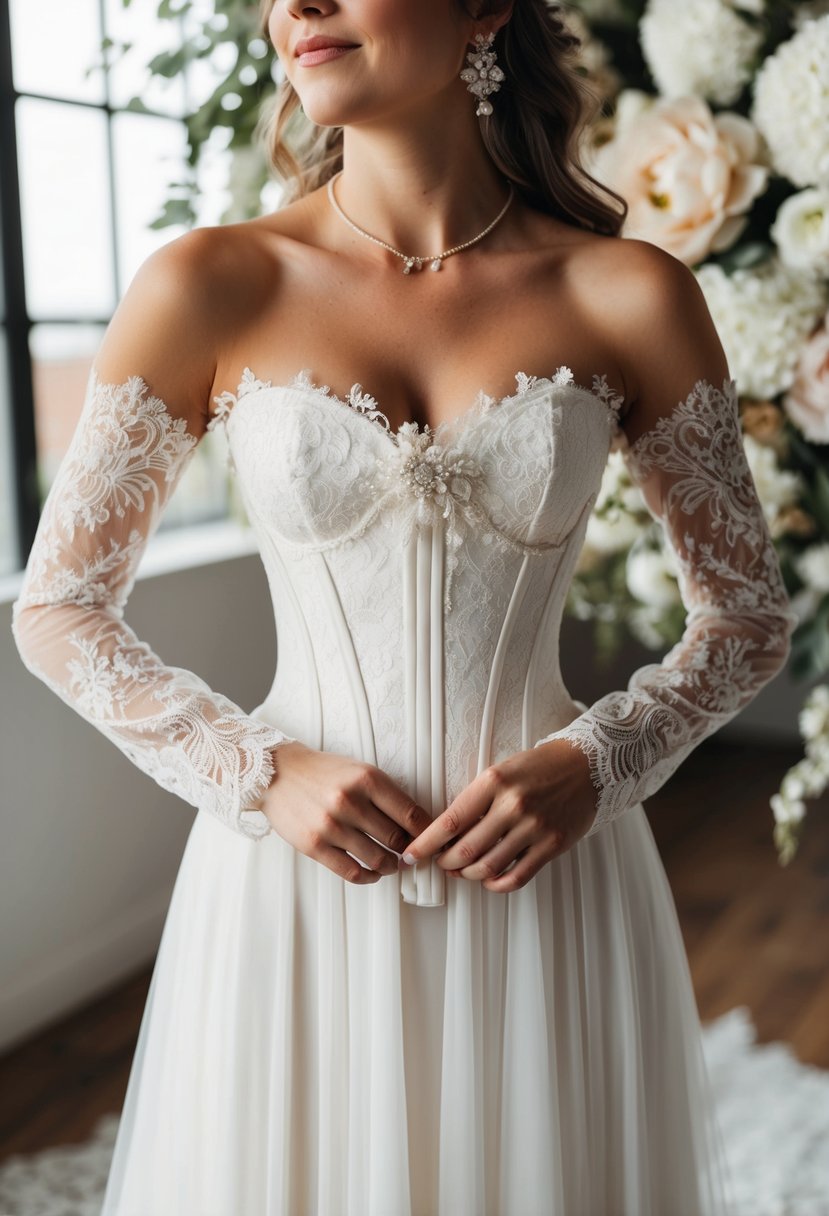 A bride standing in a corset top wedding dress, surrounded by delicate lace and floral details