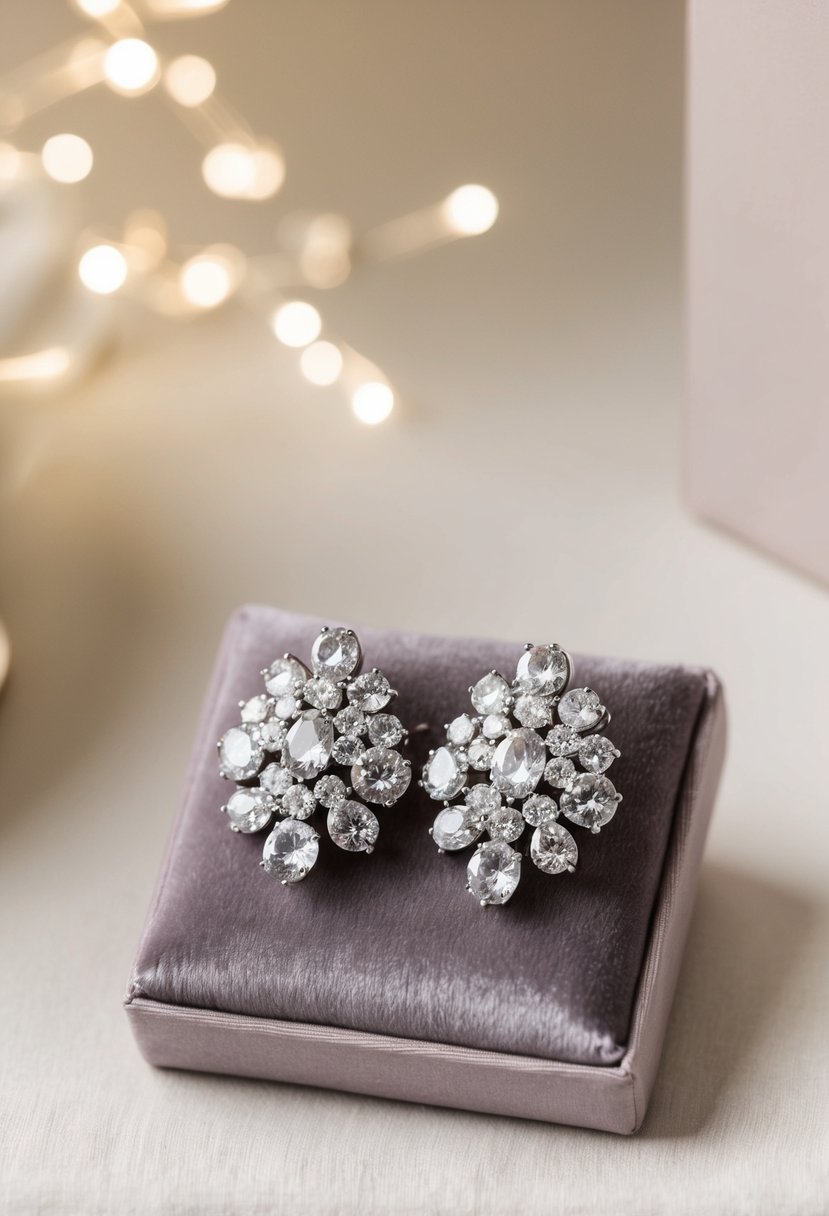 A sparkling pair of opulent cluster earrings displayed on a velvet cushion against a soft, neutral background