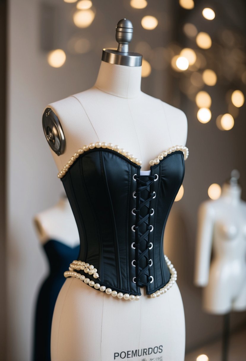 A lace-up corset top adorned with pearls, draped over a delicate mannequin form