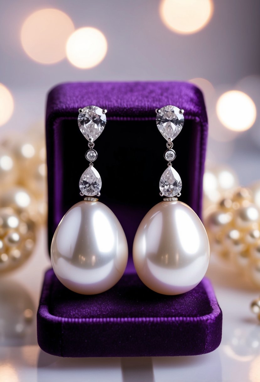 A pair of dazzling pearl-diamond drop earrings displayed on a luxurious velvet cushion, surrounded by soft, ethereal lighting