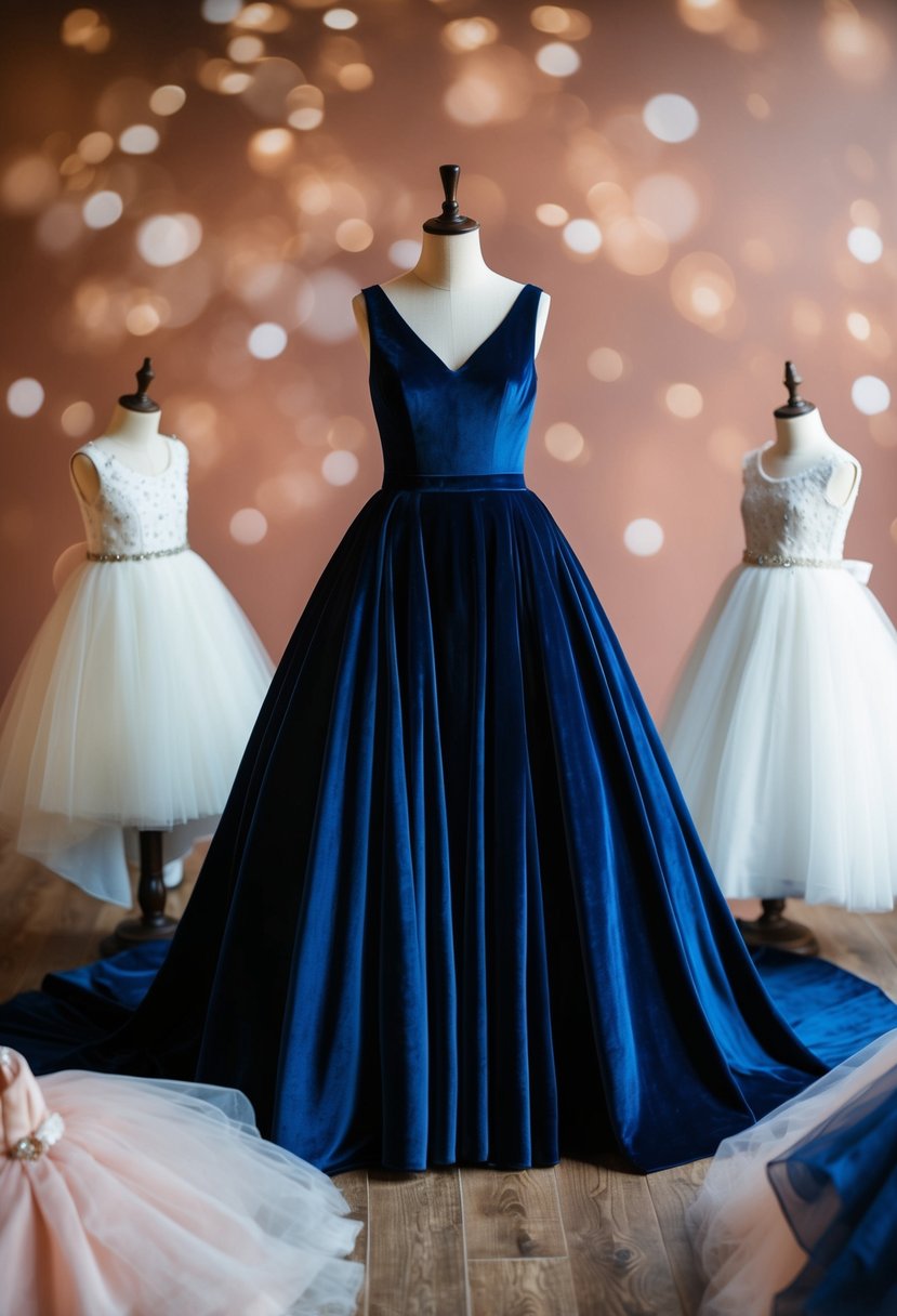 A navy blue velvet gown draped over a mannequin, surrounded by wedding dress ideas for girls ages 7-8