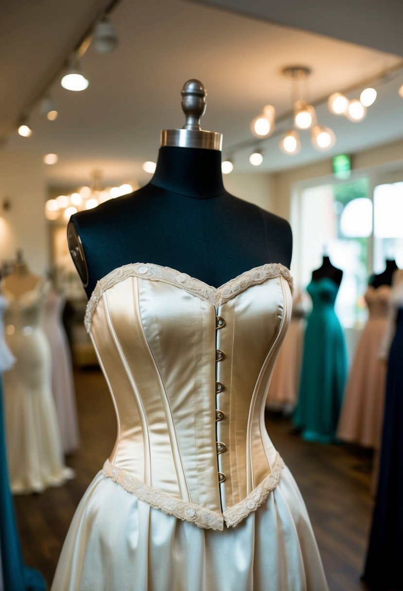 A vintage-inspired satin corset top wedding dress displayed on a mannequin in a softly lit boutique