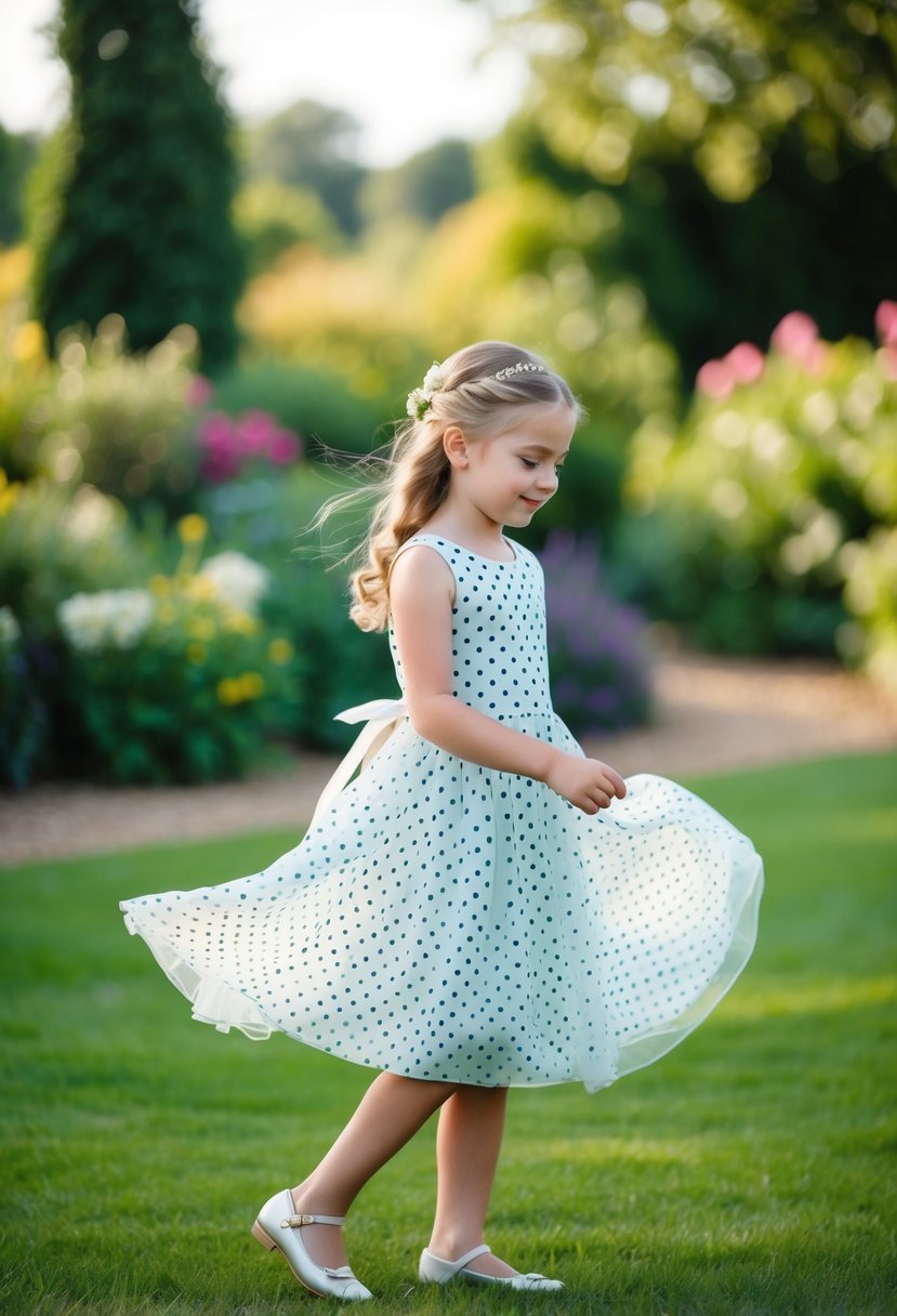 A young girl in a polka dot chiffon dress twirling in a garden at a wedding