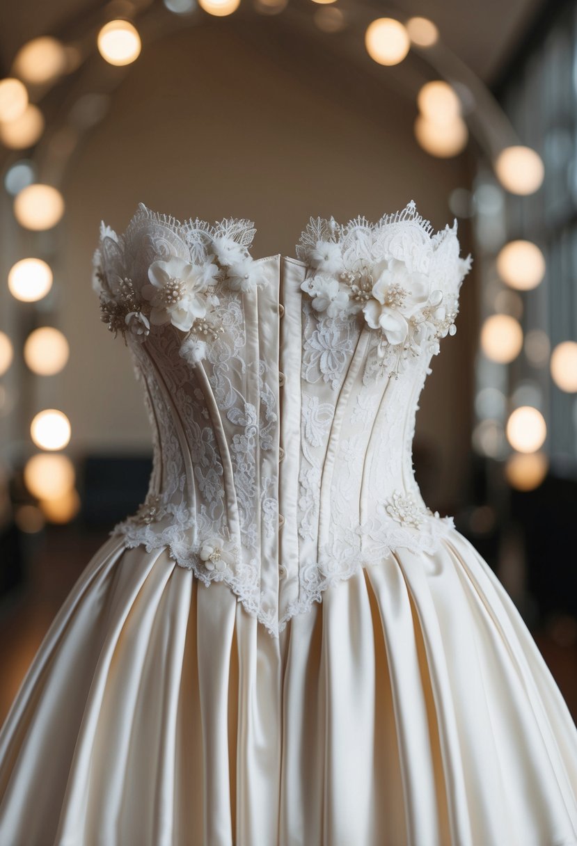 A delicate lace corset bodice adorned with intricate floral details, paired with a flowing Mikado fabric skirt, creating a stunning wedding dress design