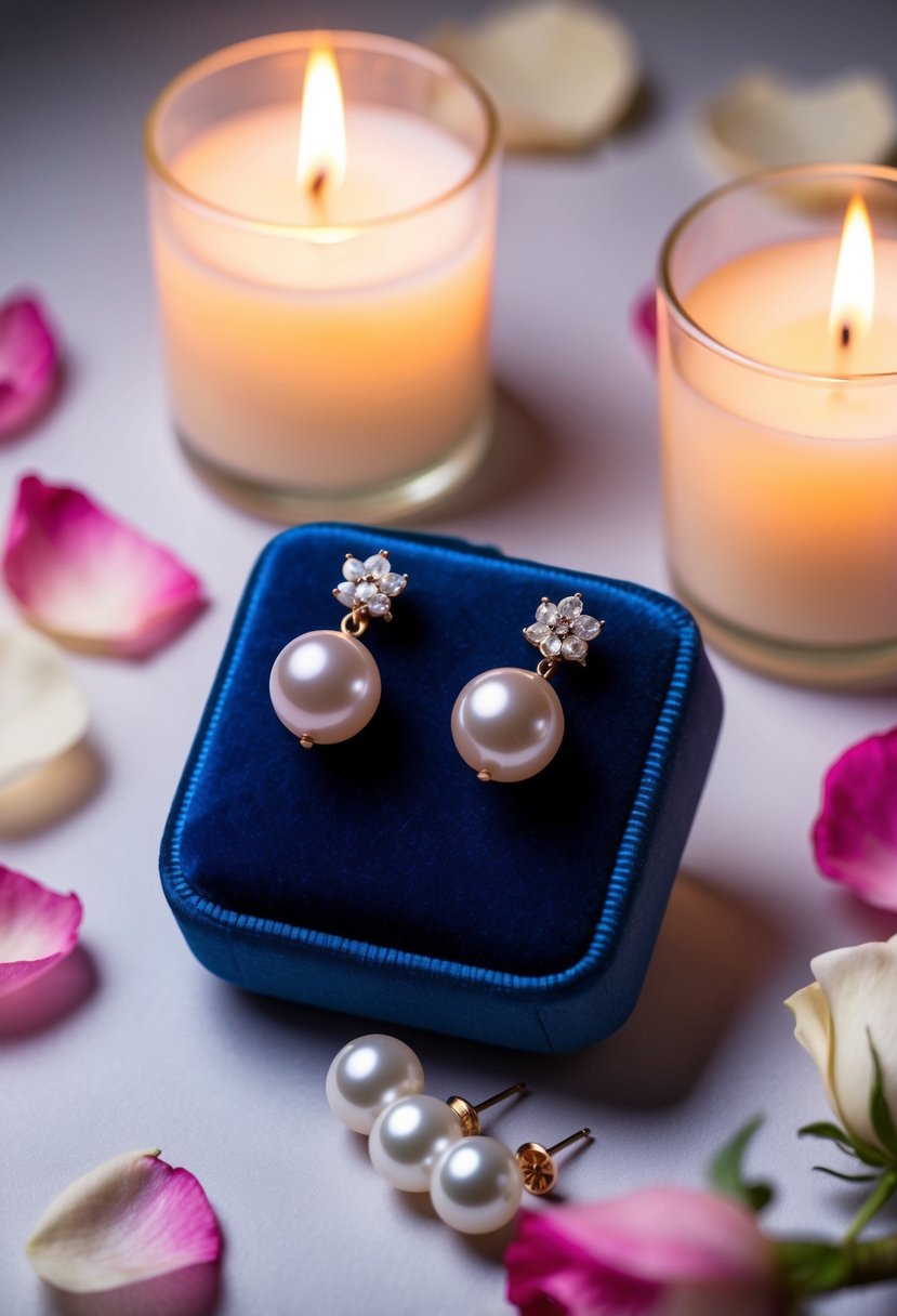 A pair of delicate pearl earrings displayed on a velvet cushion, surrounded by soft candlelight and rose petals