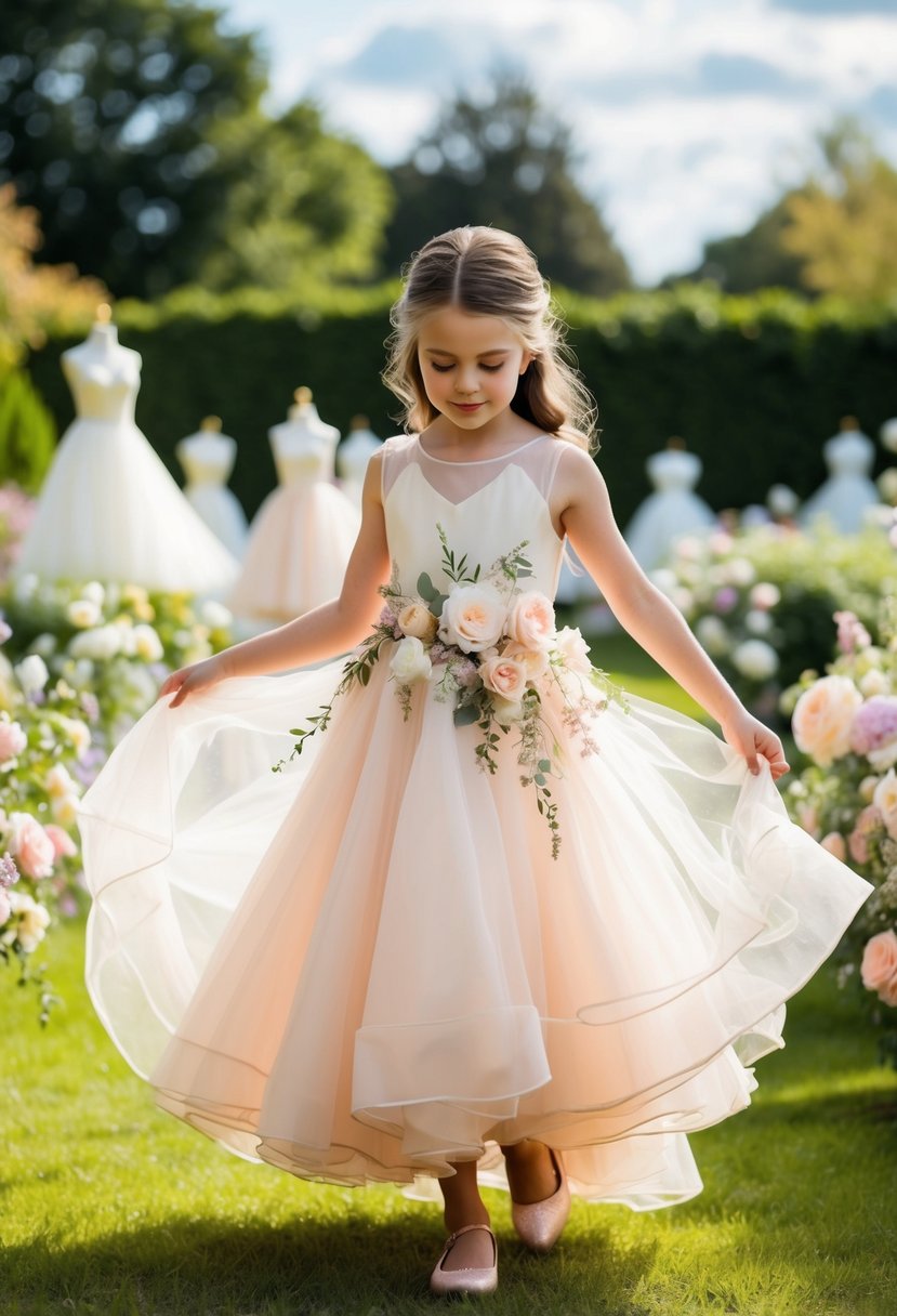 A young girl twirls in a flowing organza dress adorned with pastel flowers, surrounded by a garden filled with wedding dress ideas