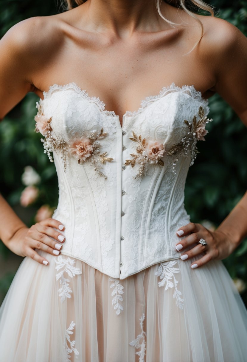 A delicate lace corset top adorns a flowing wedding dress, embellished with intricate floral details