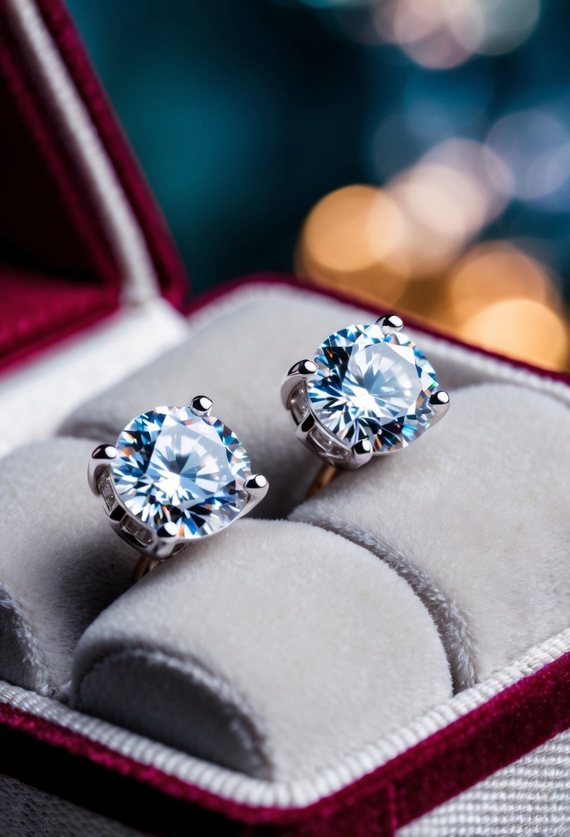 Two sparkling round diamond studs nestled in a velvet jewelry box