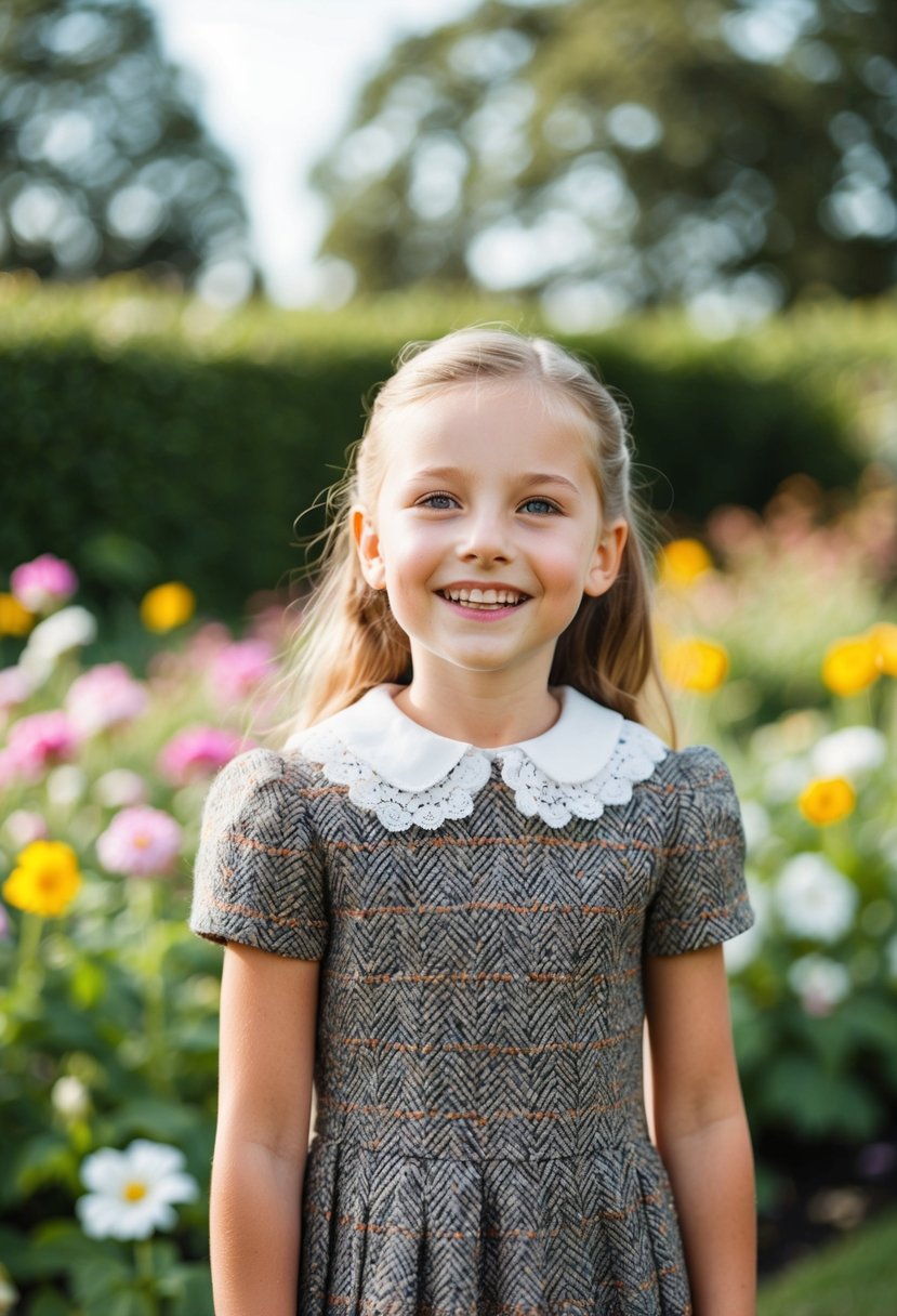 A young girl in a tweed dress with a lace collar, standing in a garden with flowers, looking radiant and joyful