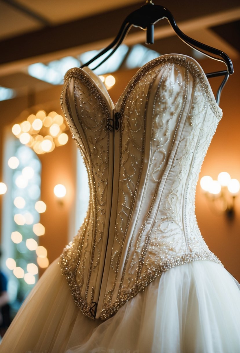 A beaded corset wedding dress sparkles under soft light