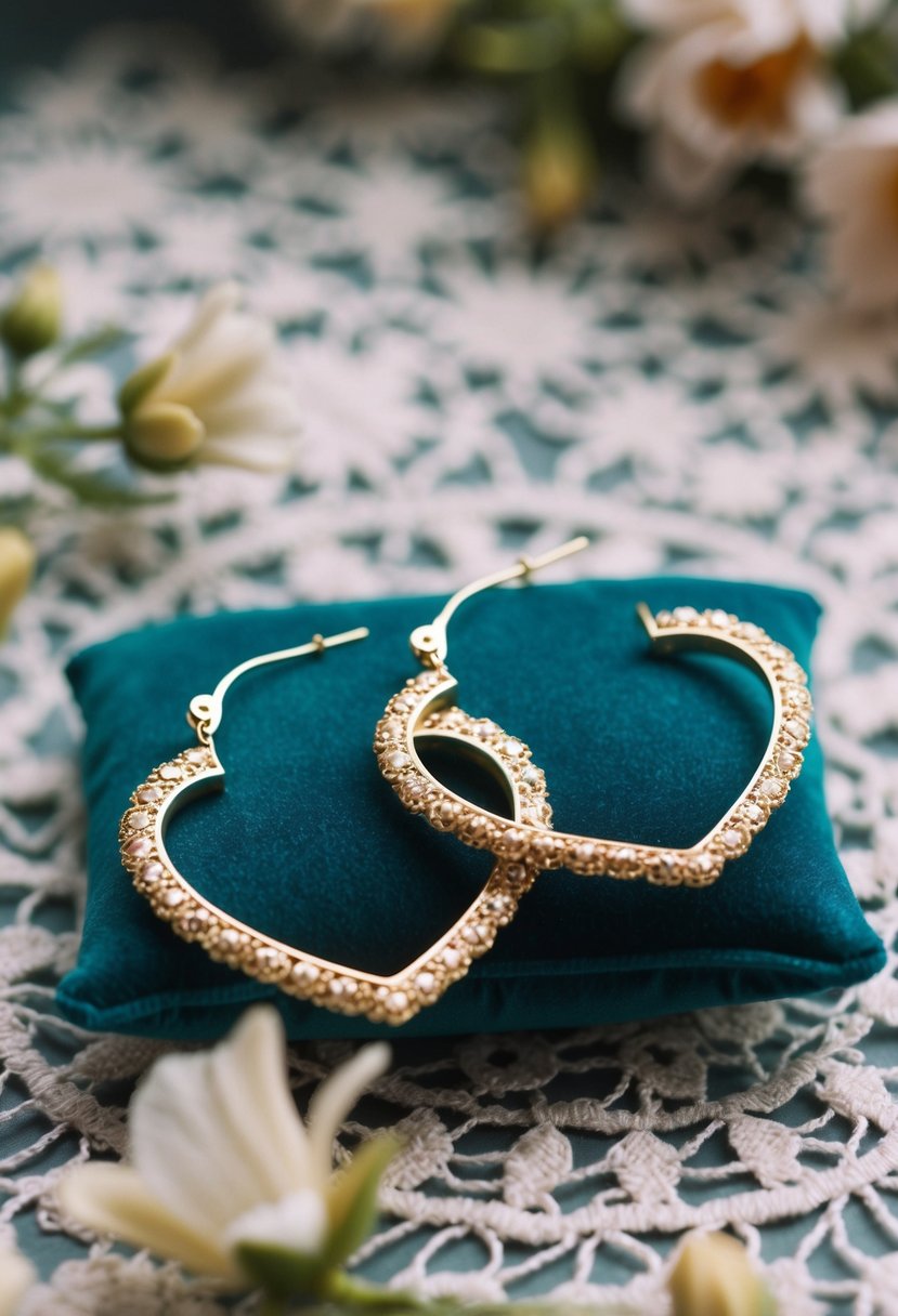 A pair of wide-bottom heart hoop earrings, surrounded by delicate floral and lace patterns, resting on a velvet cushion