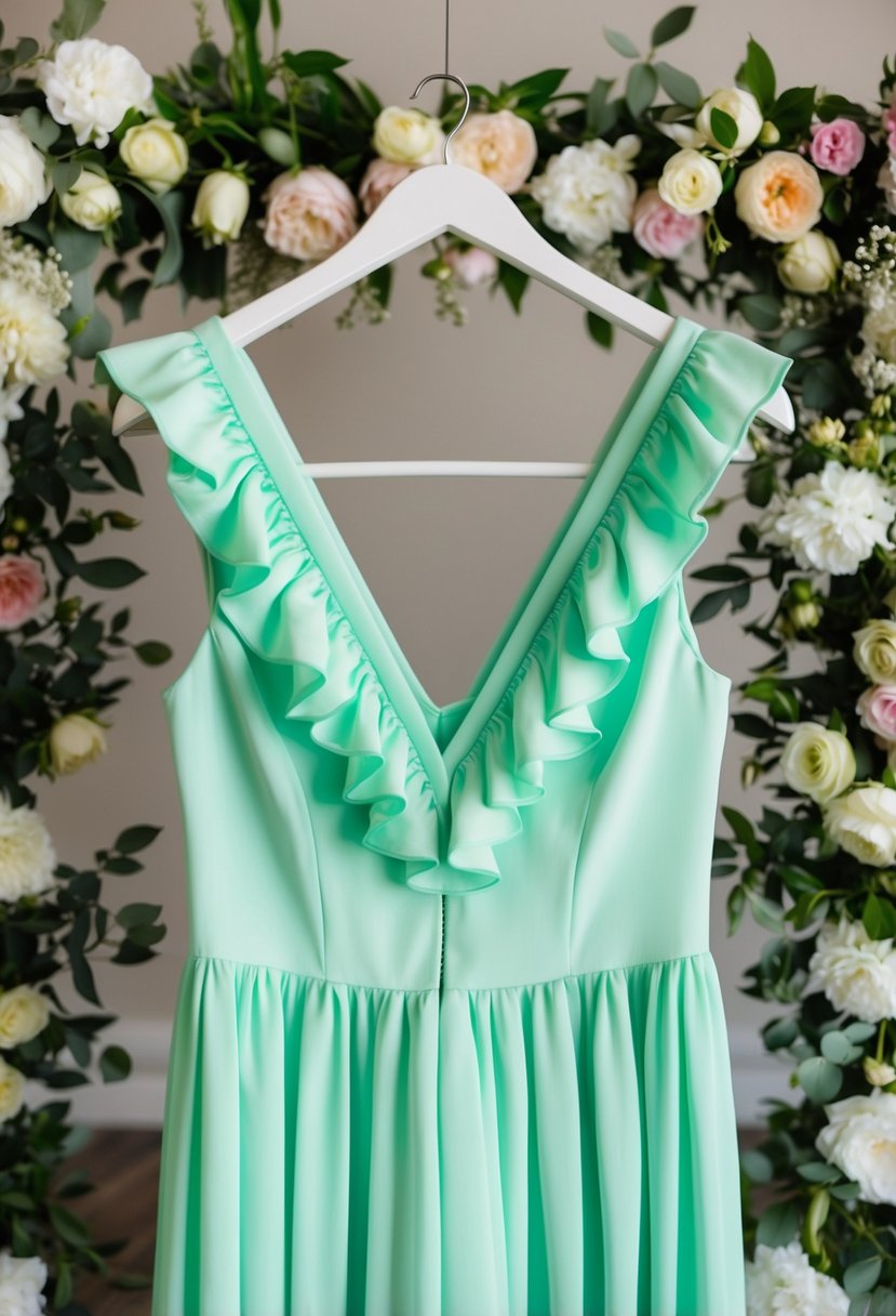 A mint green ruffle dress hangs on a hanger, surrounded by floral wedding decor