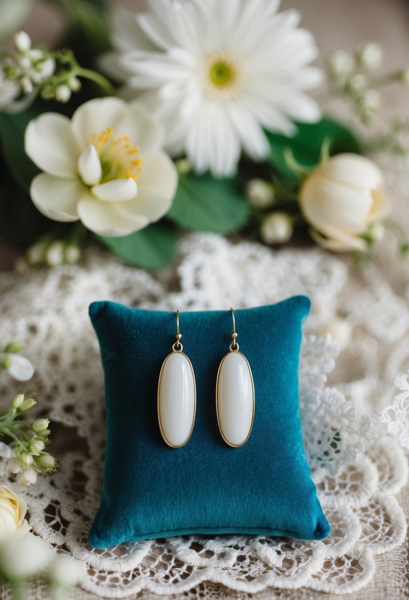 A pair of medium long oval earrings displayed on a velvet cushion, surrounded by delicate lace and floral details