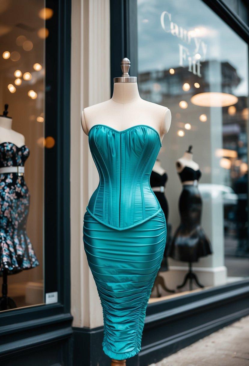 A curvy fit mermaid corset dress displayed on a mannequin in a boutique window