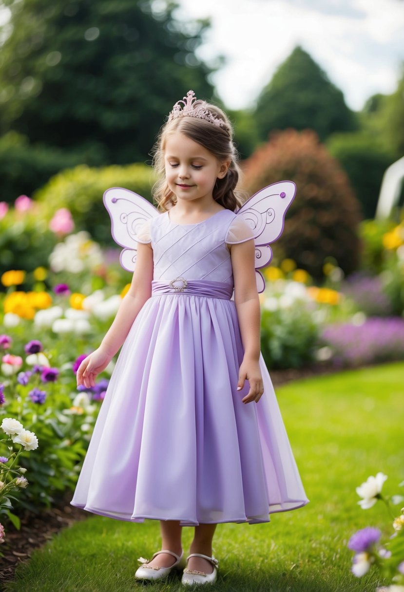 A young girl in a lilac dress with butterfly sleeves, standing in a garden filled with flowers, imagining herself as a princess at a wedding