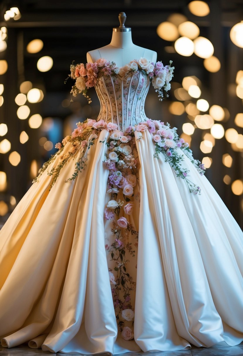 A voluminous ball gown with a floral corset top, cascading with delicate blooms and intricate details