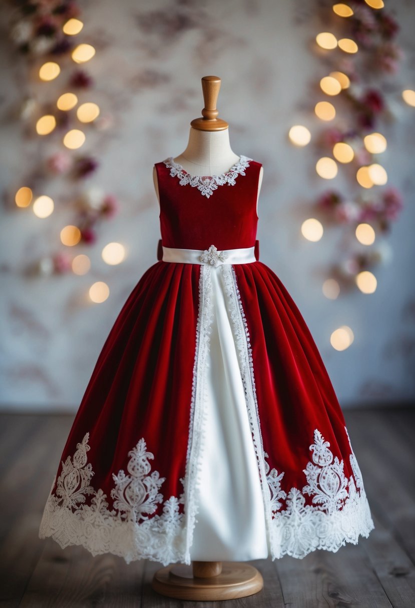 A red velvet wedding dress with white trim for girls aged 7-8, with intricate lace details and a flowing skirt