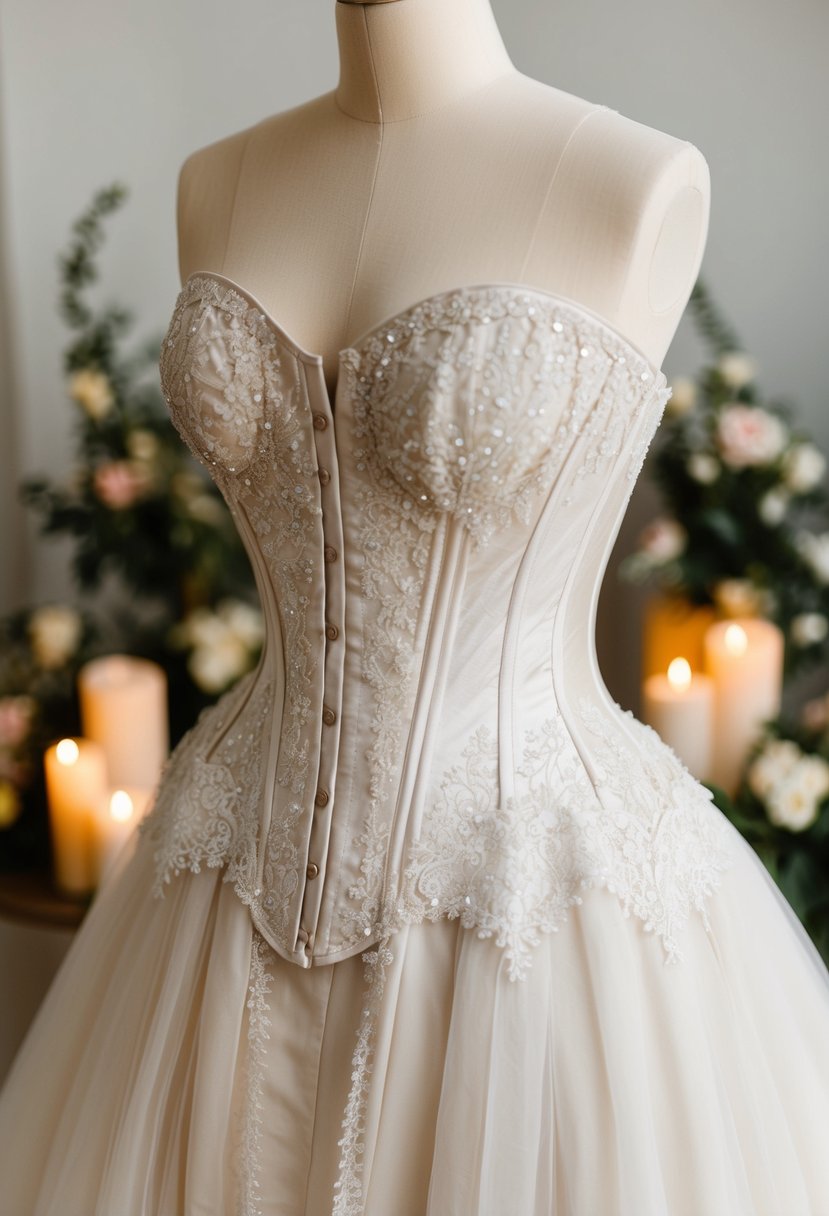 A delicate ivory corset with shimmering lace details, paired with a flowing wedding dress, set against a romantic backdrop of soft candlelight and floral arrangements