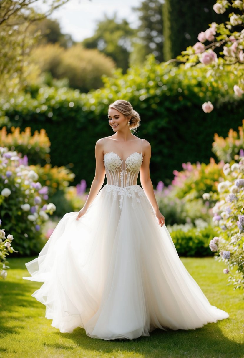 A bride twirls in a garden, wearing an illusion tulle corset top wedding dress, surrounded by blooming flowers and lush greenery