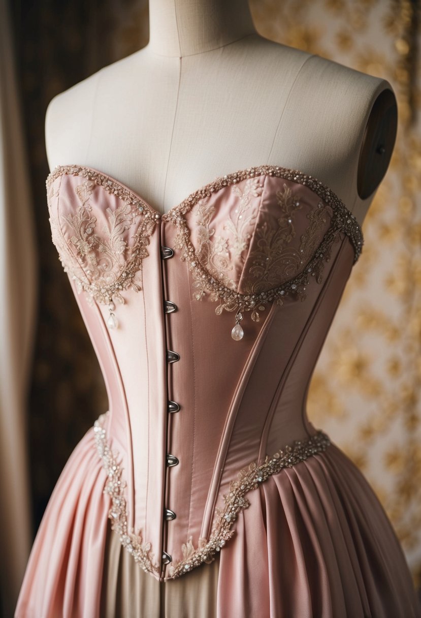 A Blush Pink Corset Gown hangs elegantly on a vintage dress form, adorned with delicate lace and intricate beading