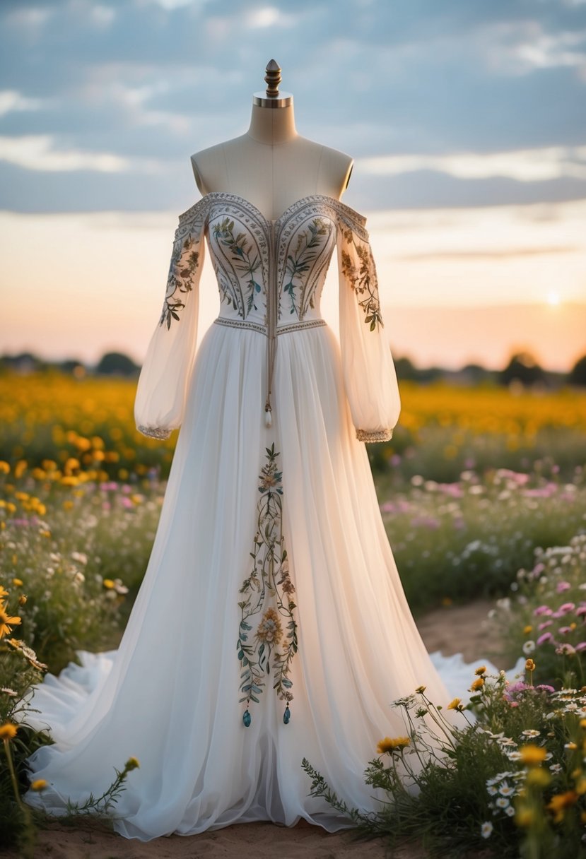 A flowing, off-the-shoulder wedding dress with intricate bohemian-style embroidery and a corset top, set against a backdrop of wildflowers and a sunset