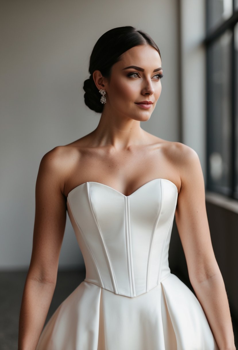 A sleek, minimalist corset top wedding dress with clean lines, featuring a structured bodice and simple, elegant design